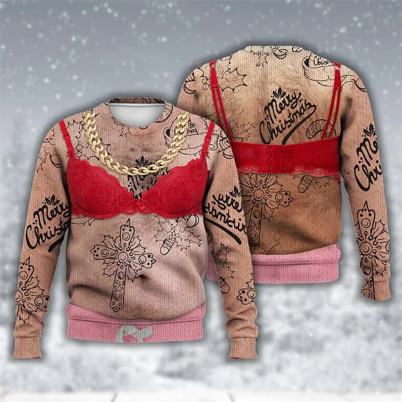 Funny Bra Design Santa Christmas Ugly Sweater for Men 3d Print New in Pullover Sweatshirts Xmas Gift Hairy Belly Jumper Tops