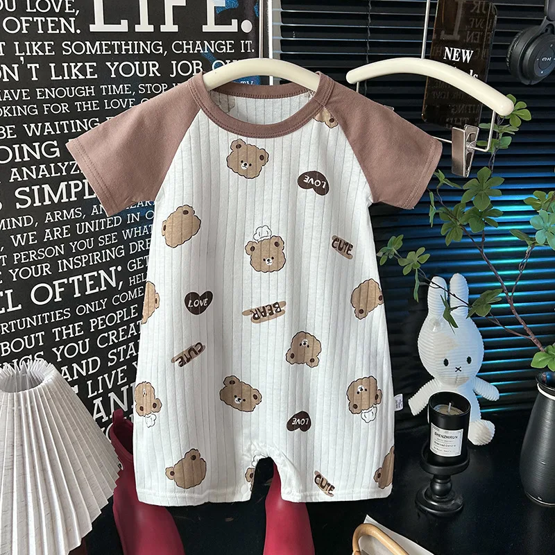 

Новая летняя одежда для малышей 0-2 лет: милый комбинезон для девочек с мультяшным принтом, контрастными рукавами, тонкий, в рубчик, из чистого хлопка, пижама для мальчиков