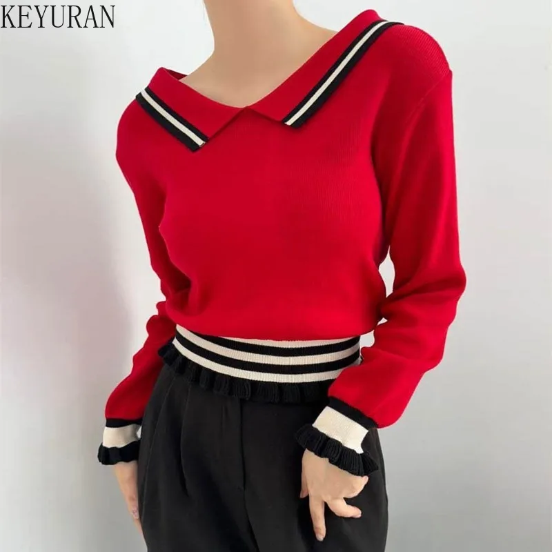 2024 Autumn Winter Sailor Collar Ruffles Pullover Sweater Women Korean Style Slim Long Sleeve Knitted Crop Tops Y2k Mujer Jumper