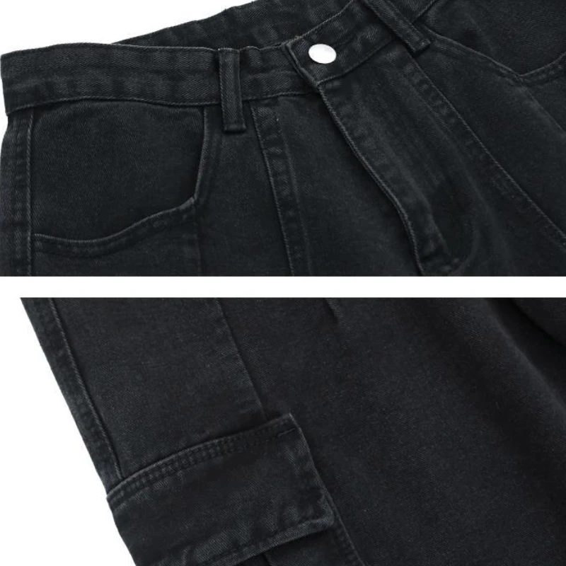 Basic Jeans Women Japanese Style Baggy Cargo Trousers Autumn Big Pockets Vintage Minimalist Neutral Streetwear Students Casual