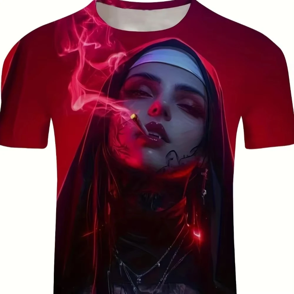 Halloween Smoking Nun graphic T-shirt 3d Printing Summer Leisure Dry Quickly Men's T-Shirt Children's Clothing Tee Y2k Woman