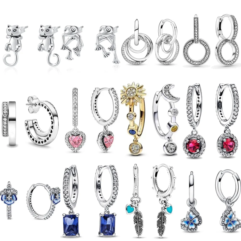Love Heart Cat Double Hoop Love Mother Earrings Charms Fit 925 Original Charm Women 925 Silver Hot Sale Earring DIY Jewelry Gift