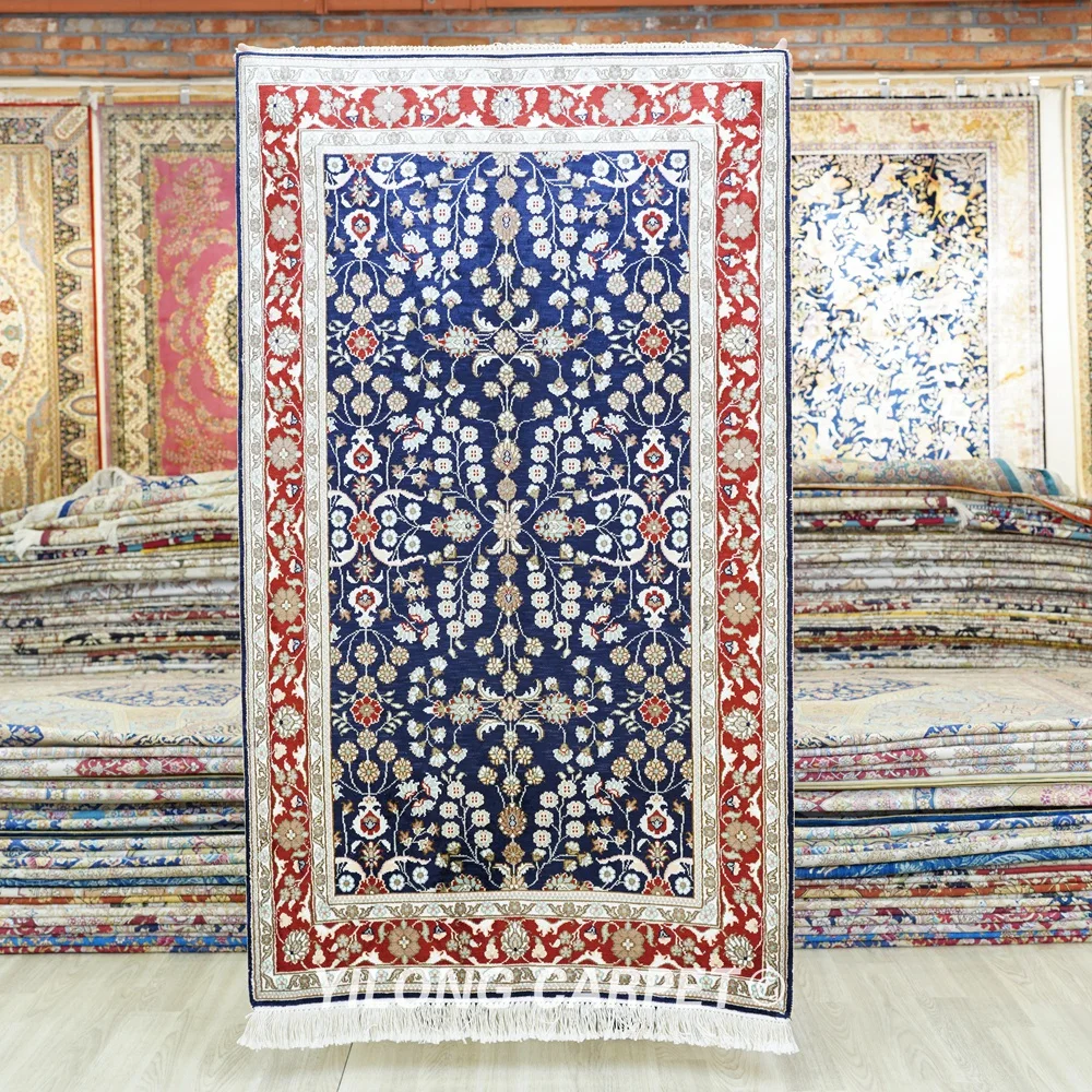 

91x152cm Persian Carpet Blue Handmade 100% Silk Turkish Rug (YJH064B)