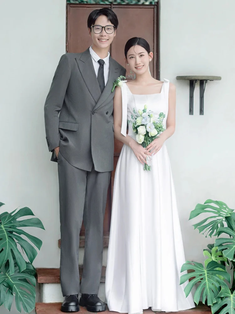 

Белое атласное свадебное платье Ele: простое, элегантное, для фотосессий в лесу, с юбкой А-силуэта, длинное, из полиэстера.