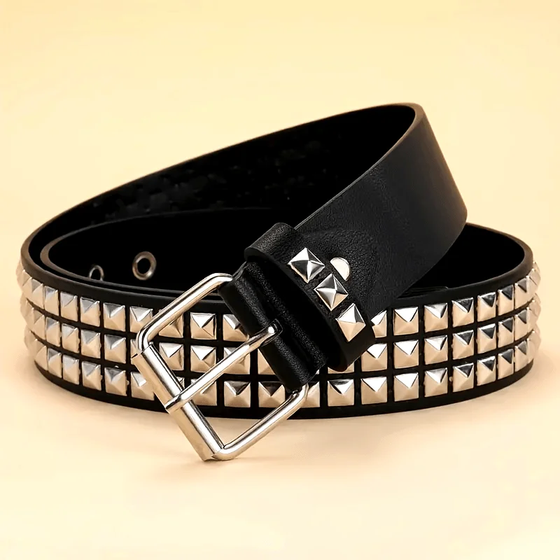 

Punk style rivet belt set, equipped with stainless steel square buckle, PU panel material, male and female pyramid rivet decorat