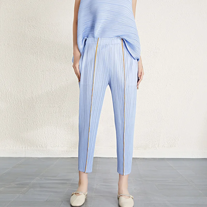 

Women' s Pants Summer New Solid Colour High Waist Elastic Loose Miyake Pleated Casual Ankle-Length Pant