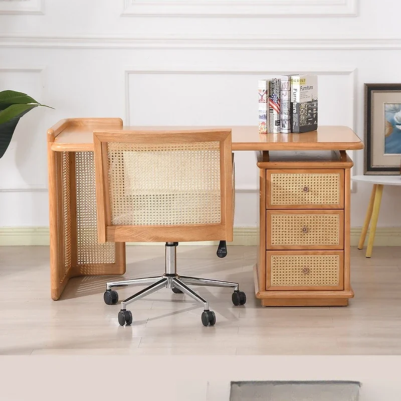 Nordic ins Japanese style, rattan log desk, home office writing desk, storage workbench