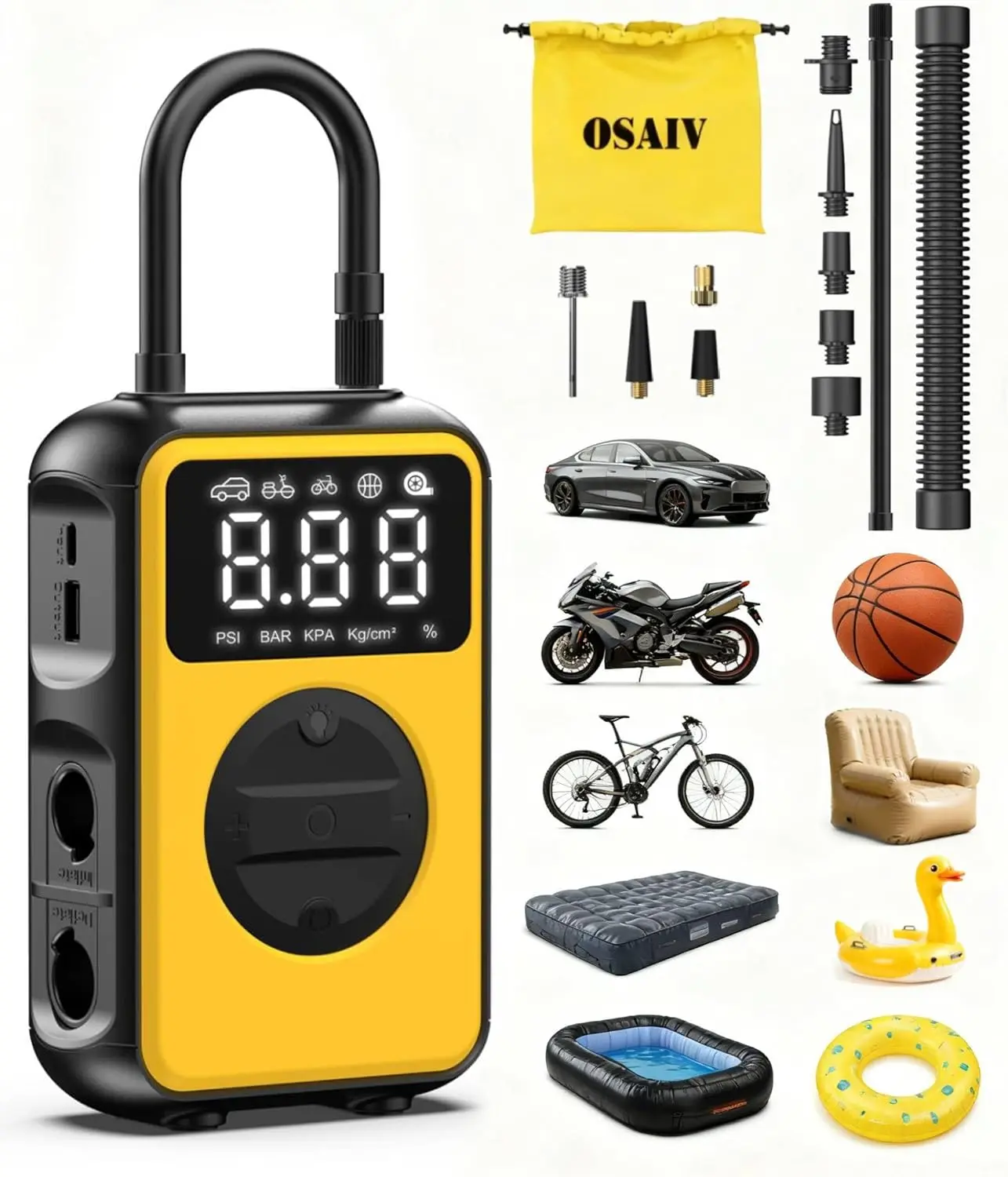 

Портативный воздушный компрессор с манометром, автоматическим отключением, 150 PSI для шин автомобилей, велосипедов и надувных изделий