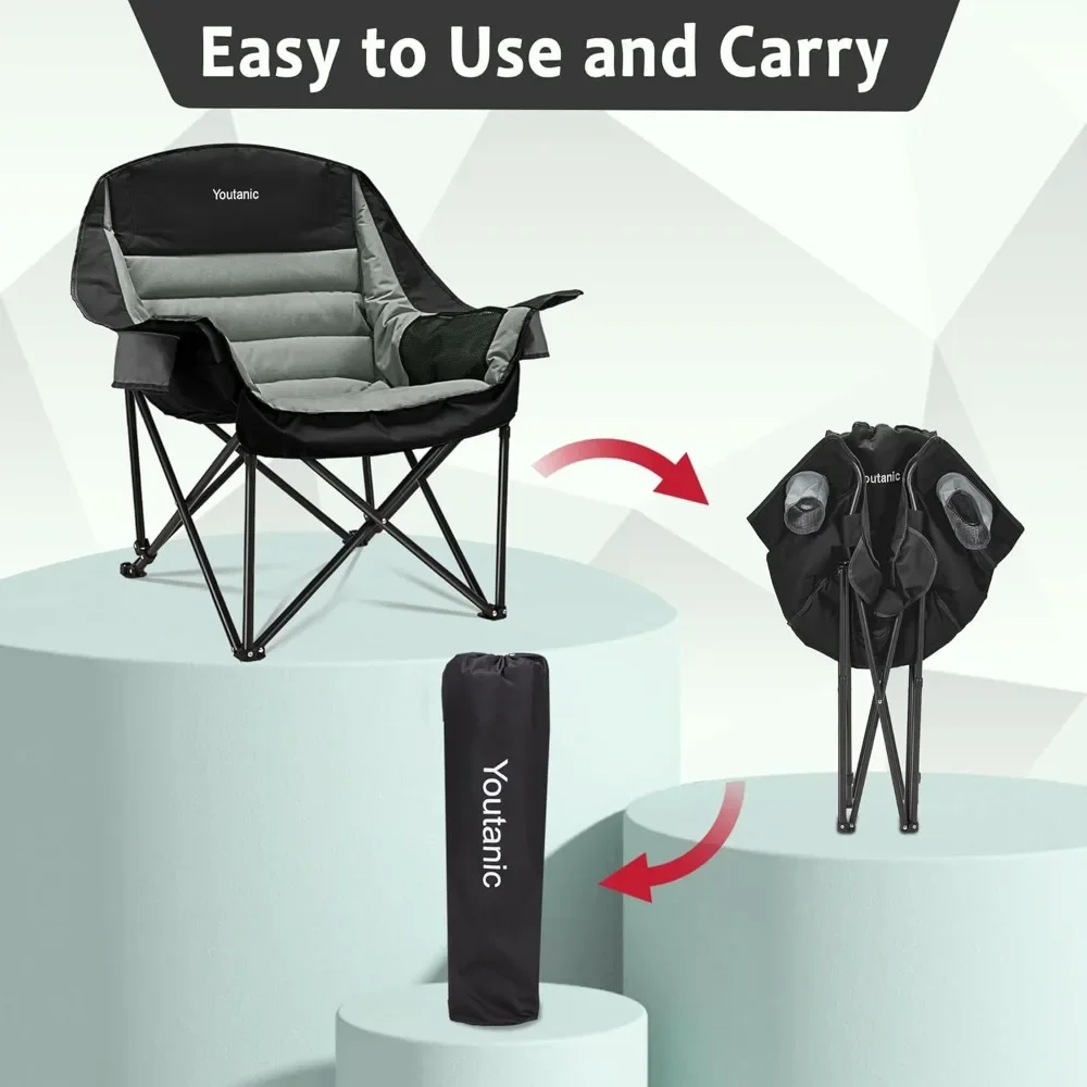 Sedia da campeggio oversize, sedie da campeggio pieghevoli portatili con tasca laterale, portabicchieri e borsa per il trasporto, campeggio all'aperto resistente