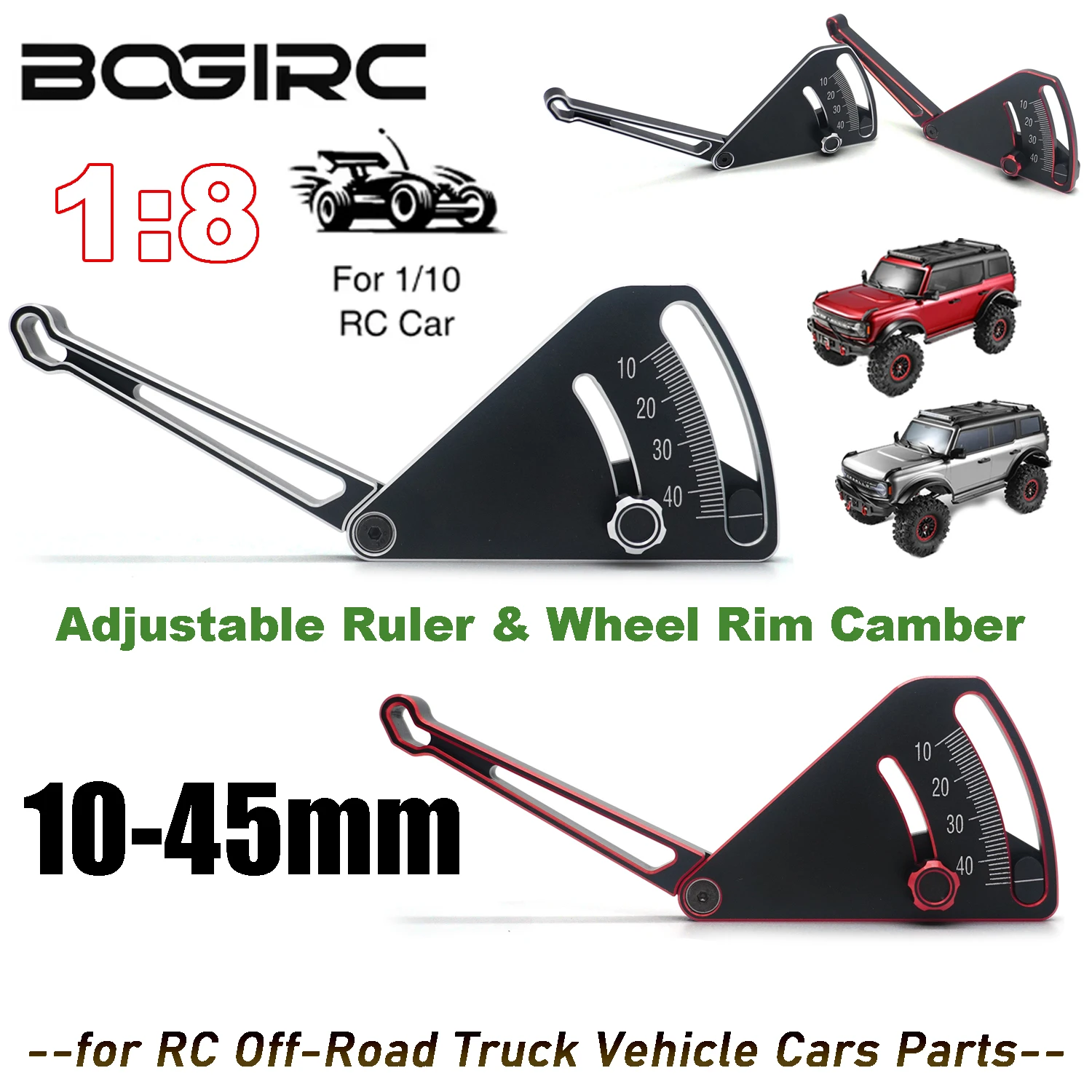 

BOGIRC 1/8 1/10 RC Adjustable Ruler Height & Wheel Rim Camber 10-45mm Ride Height Gauge for RC Off-Road Truck Vehicle Cars Parts