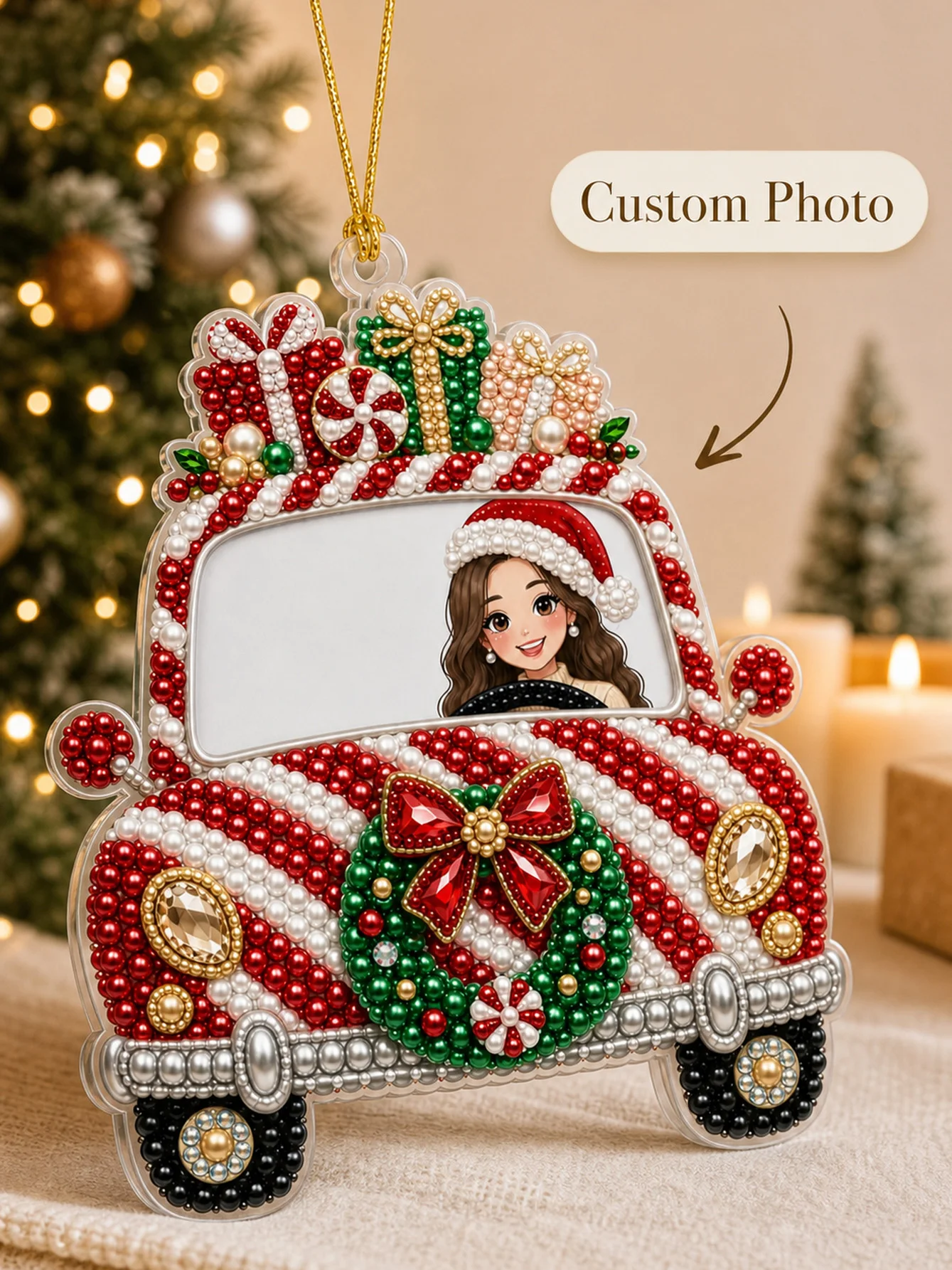 Custom Photo Christmas Car Pearl Painting Kit, DIY 3D Hand Kit, Gift for Family, Pet Owners, Friends,Tree,Home Decor,Gift giving