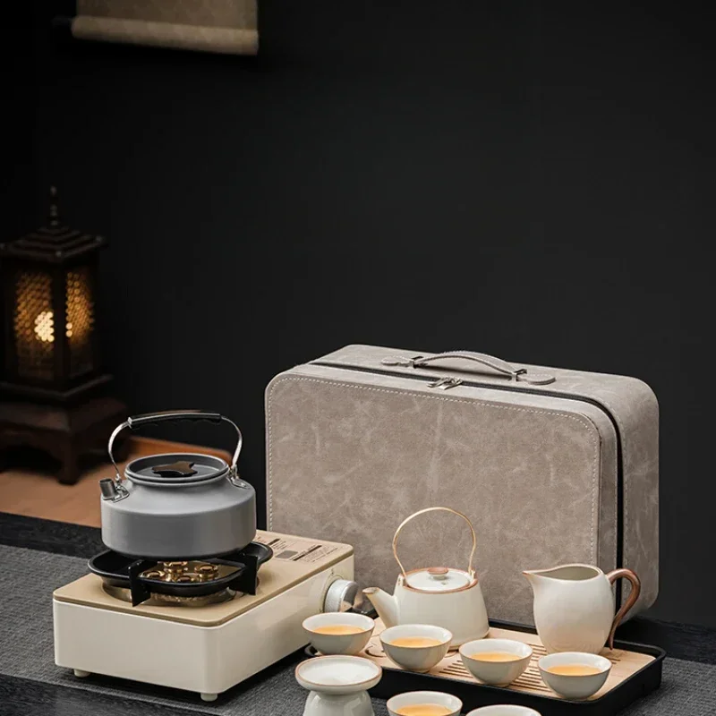 Juego de té de viaje, estufa para acampar al aire libre, hervidor para hacer té al aire libre, equipo para hacer té, maleta portátil de viaje