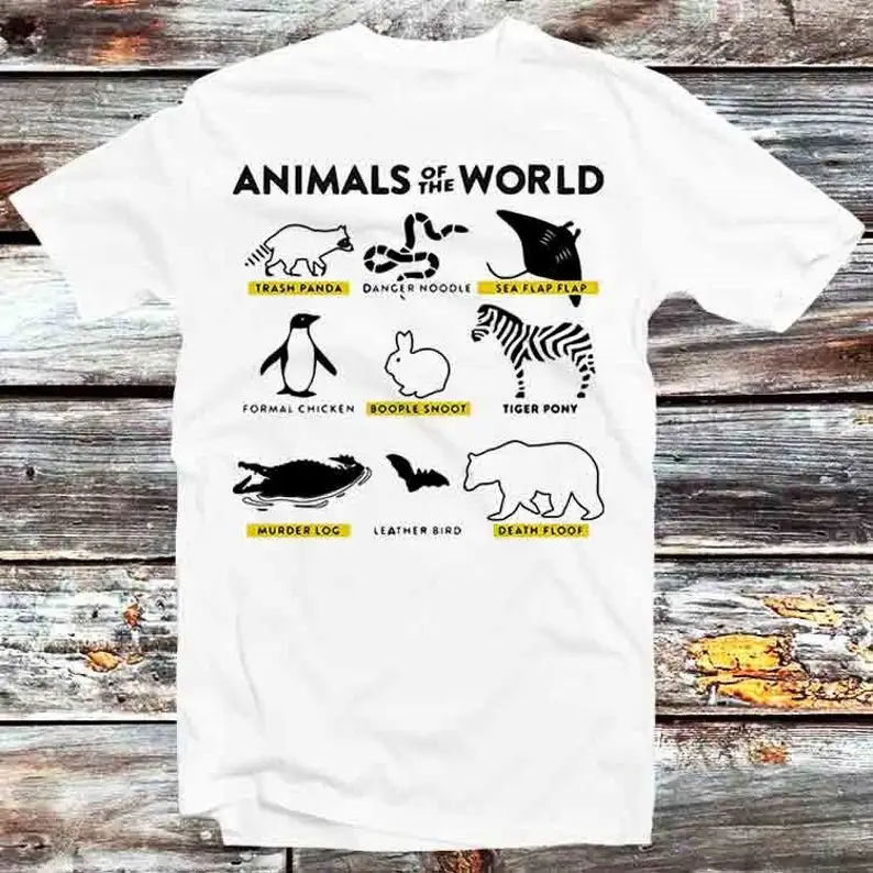 Animals of The World Bear Raccoon Bat Penguin Zebra Snake T Shirt Retro Gift Mens Womens Unisex Cartoon Anime Top Tee B1180