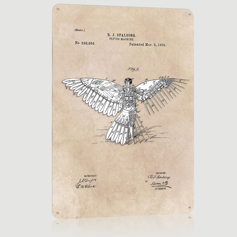 Arte de patente spalding máquina voadora 2 1889 cartaz impresso arte da parede personalizada retro vintage metal estanho sinais para sala casa sinal jardim