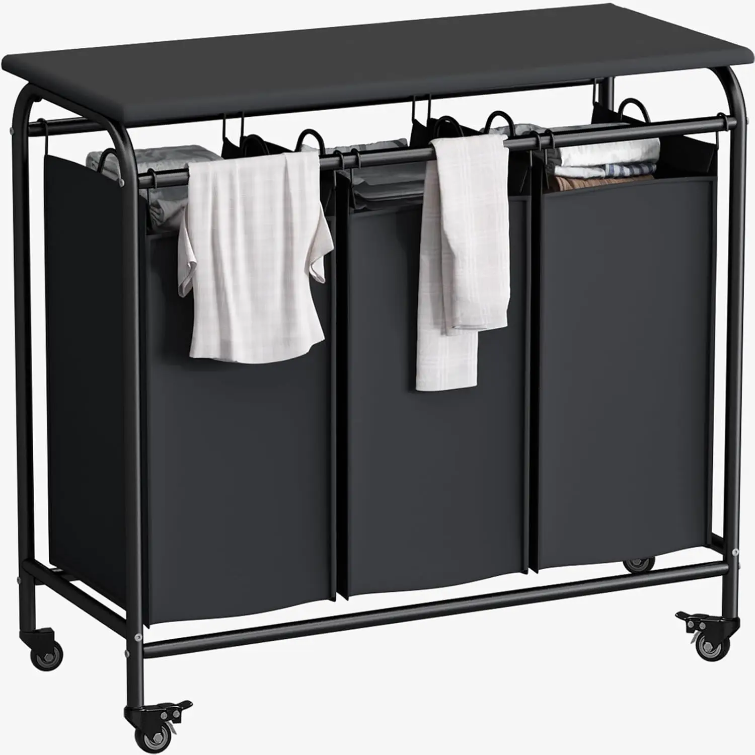 

3-Bag Rolling Laundry Sorter with Ironing Board, Heavy-Duty Lockable Wheels and Removable Bags, Black