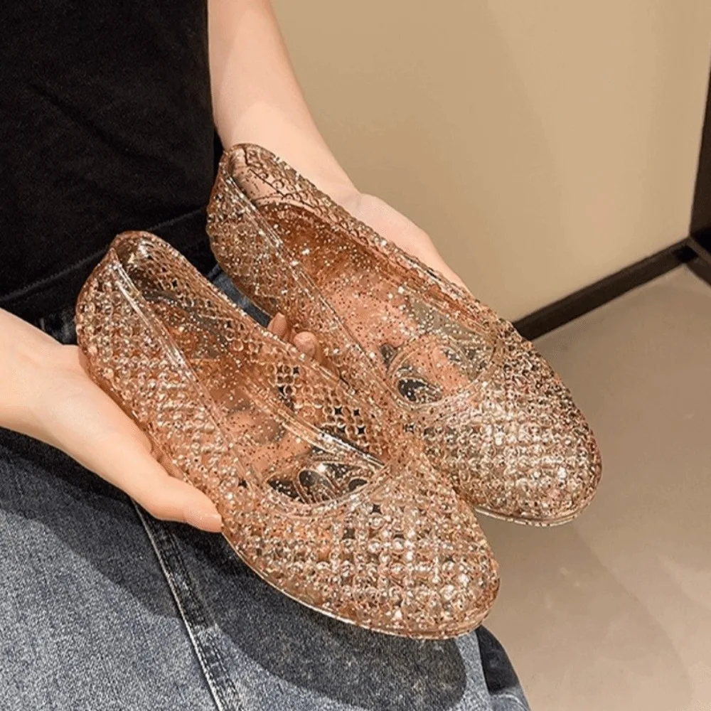 Stylish Glitter Inlay Jelly Shoe Hollow Out Crystal Look Beach Shoe Flat Sole Breathable Slip On Shoe Pool Side