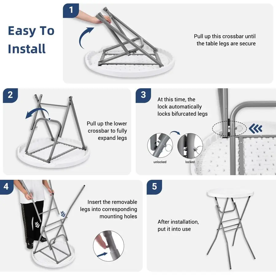 Stół okrągły składany wysoki, do użytku wewnątrz i na zewnątrz, z odpinanymi nogami, wysoki stół barowy składany, idealny na przyjęcia, na patio.