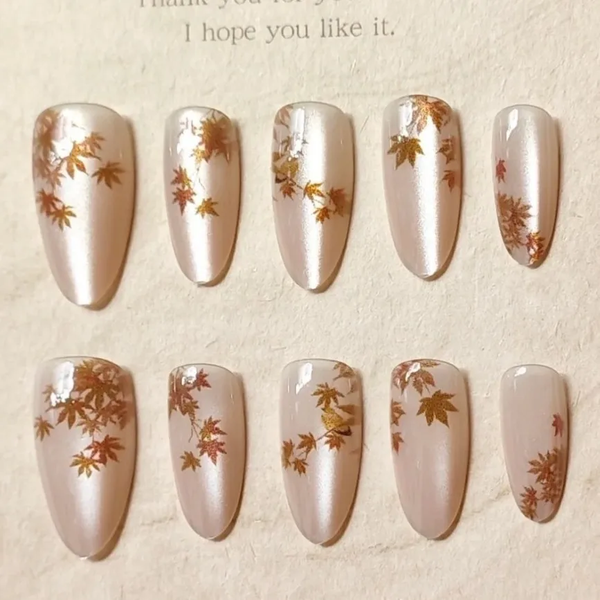 

10pcs Autumn Maple Leaf French Romantic Fake Nails Oval Press On Woman Decorated Reusable False Nails Tips
