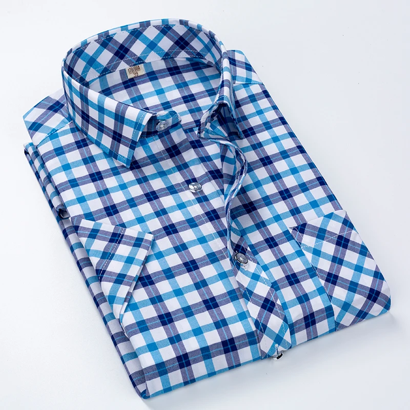 Blue And White Plaid Shirt Men Shirts 2024 New Summer Fashion Chemise Homme Mens Checkered Shirts Short Sleeve Shirt Men Blouse