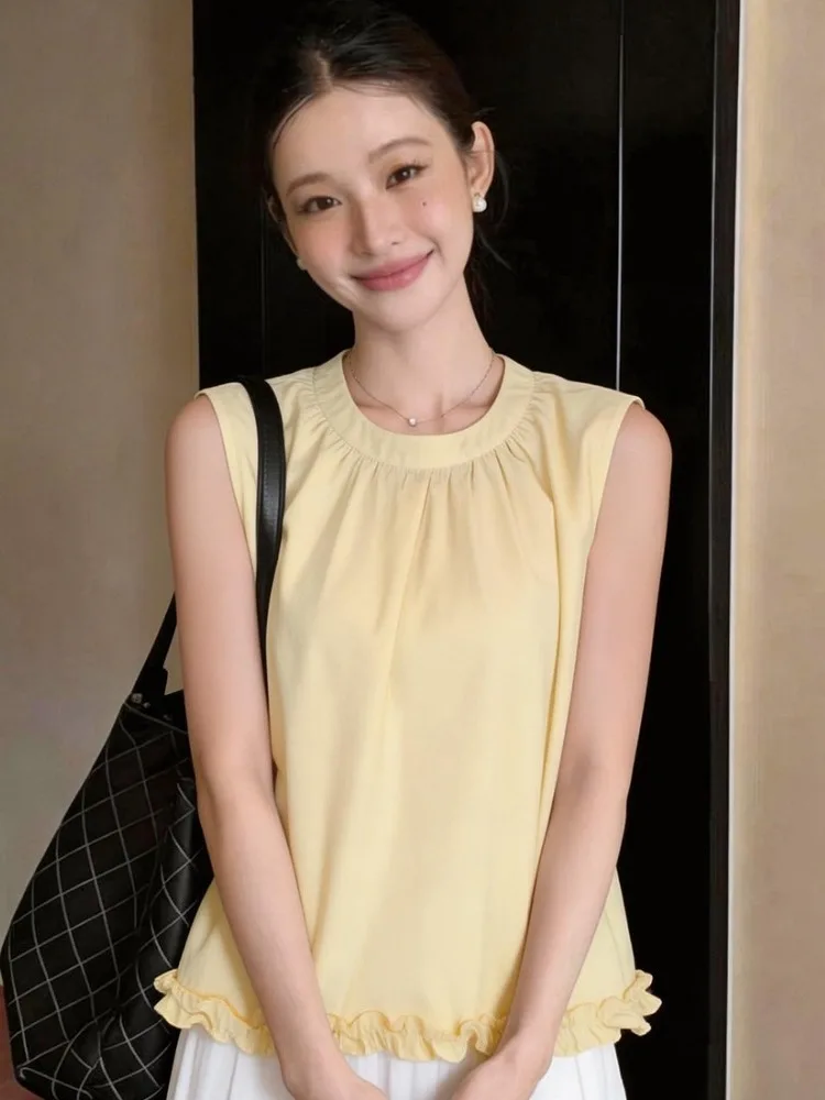 

Summer New Women's Color Overhead Loose Sleeveless round Neck Splice Shirt Vest Fashion Versatile Wooden Trim Splice