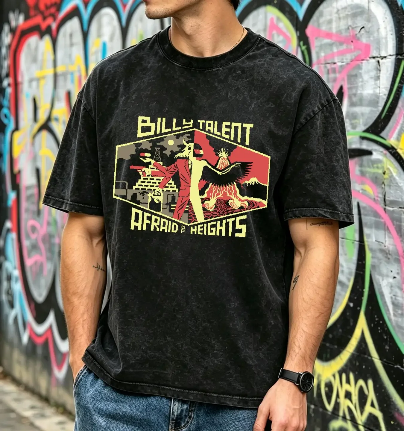 washed T Shirt Billy Talent Afraid Of Heights Tour 2016 Black Sz S long or short sleeves vintage Washed Unisex graphic Stylish