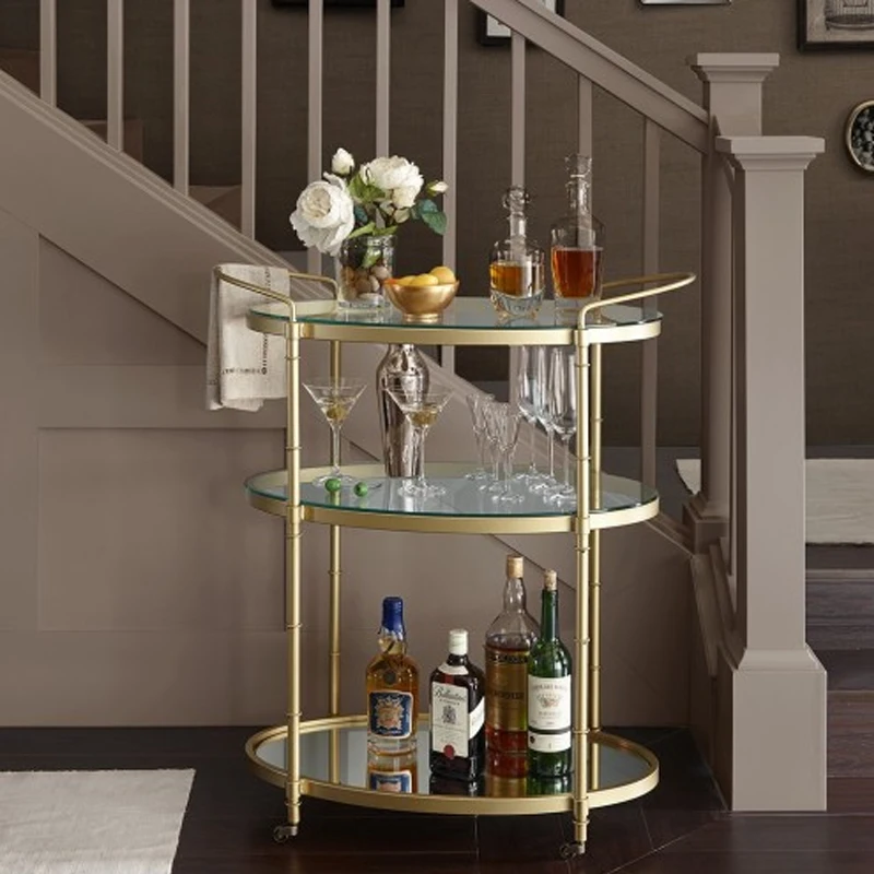 Glamorous 1930's Gold Metal Bar Cart with Glass & Mirror Shelves, Low Profile Wheels - Assembly Required