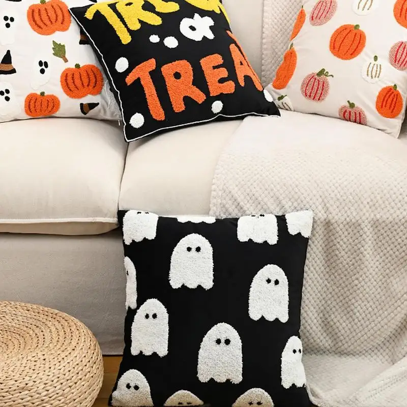 Ghost Throw Pillows Cases Embroidered Halloween Pillow Cover 18x18 Inch Halloween Pillow Covers Ghost Decor Pillowcases Cushion