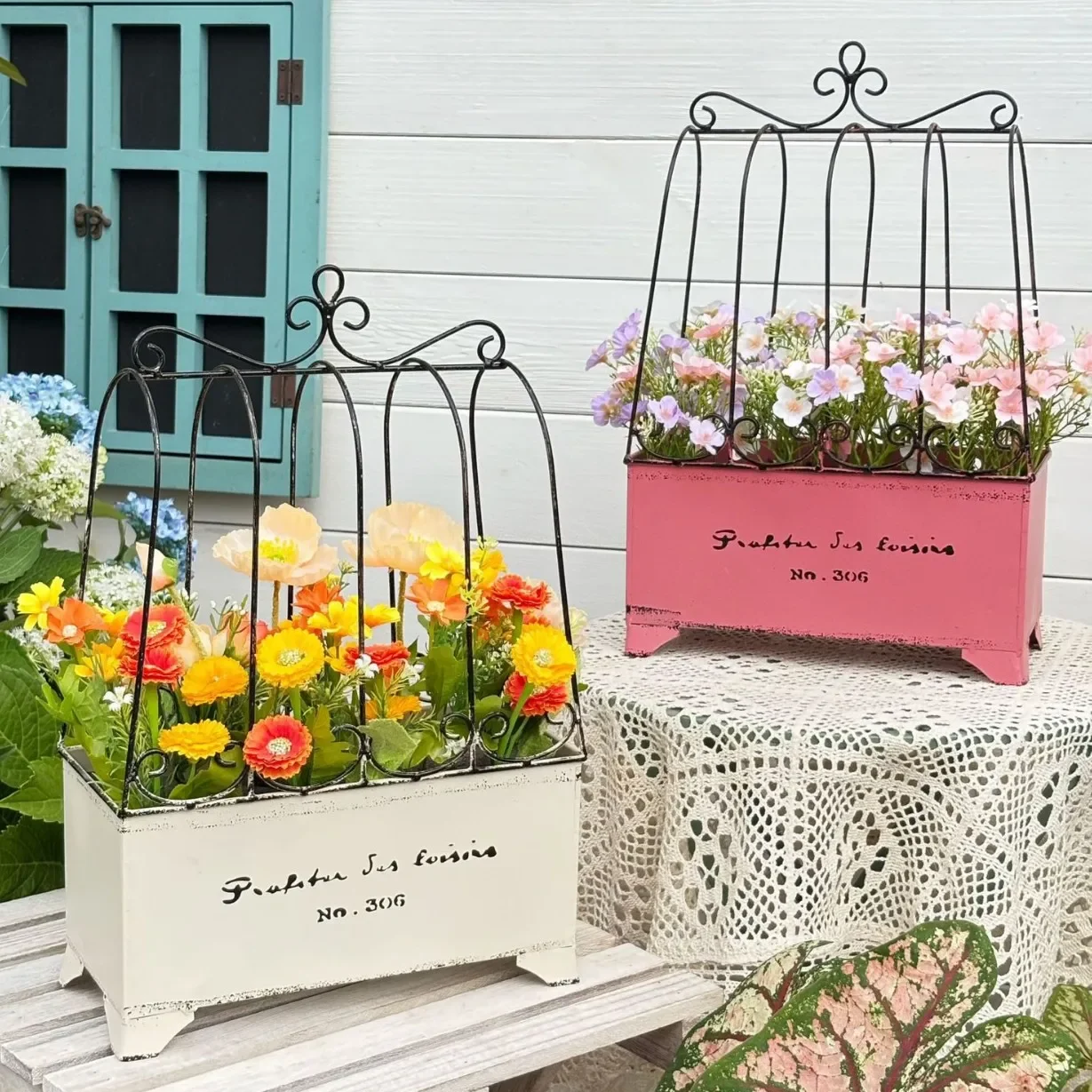 Hanging Basket Bird Cage Flower Pot Retro Ironwork Red Rotundity Square Plant Vase Balcony Courtyard Hang Decorate Ornament