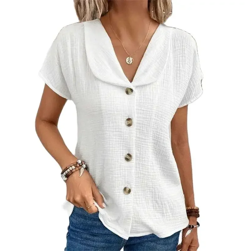 

2024 Women Sweet Style Peter Pan Collar Shirt Single-breasted Cardigan Blouse Summer Casual Solid Color Short Sleeve Female Tops