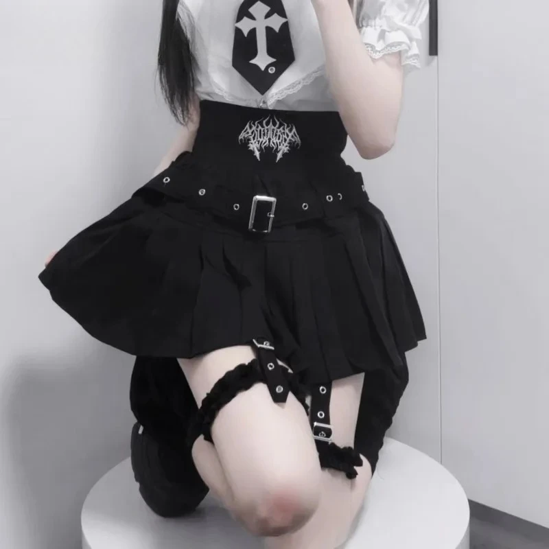 オリジナルハイウエストサブカルチャー和風レッグリング刺繍入りショートスカート甘くて万能な黒プリーツミニスカート