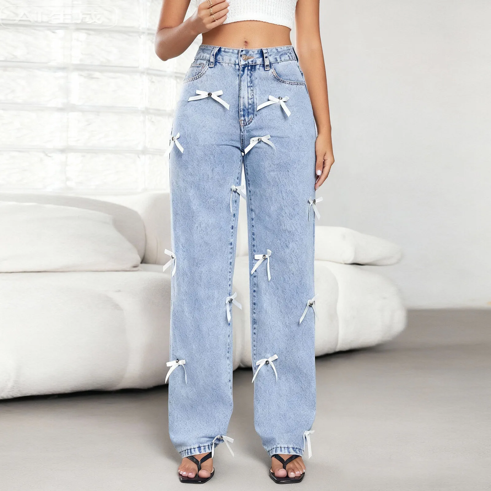 Women's Spring Baggy Jeans Pants 3D Bow Decor High Waist Loose Wide Leg Denim Pants
