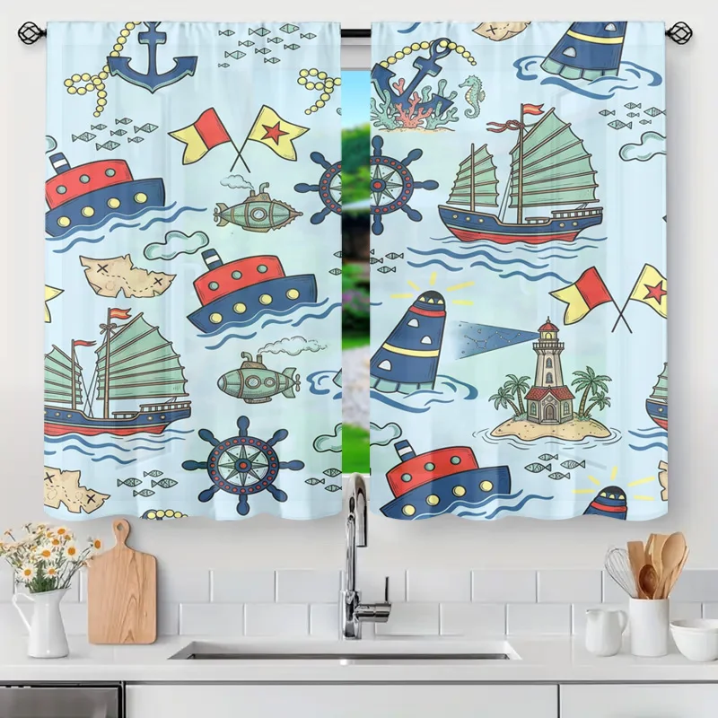 Decorative Nautical Window Curtains Coastal Ocean Pattern Sea Ships Anchor Compass Rose Kitchen Bathroom Curtain Rod Drapery Lig