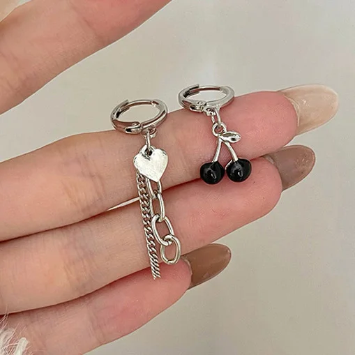 

Настоящее серебро 925, серьги-кольца с вишневым сердечком и кисточками для женщин, милые асимметричные ювелирные изделия, аксессуары для растений