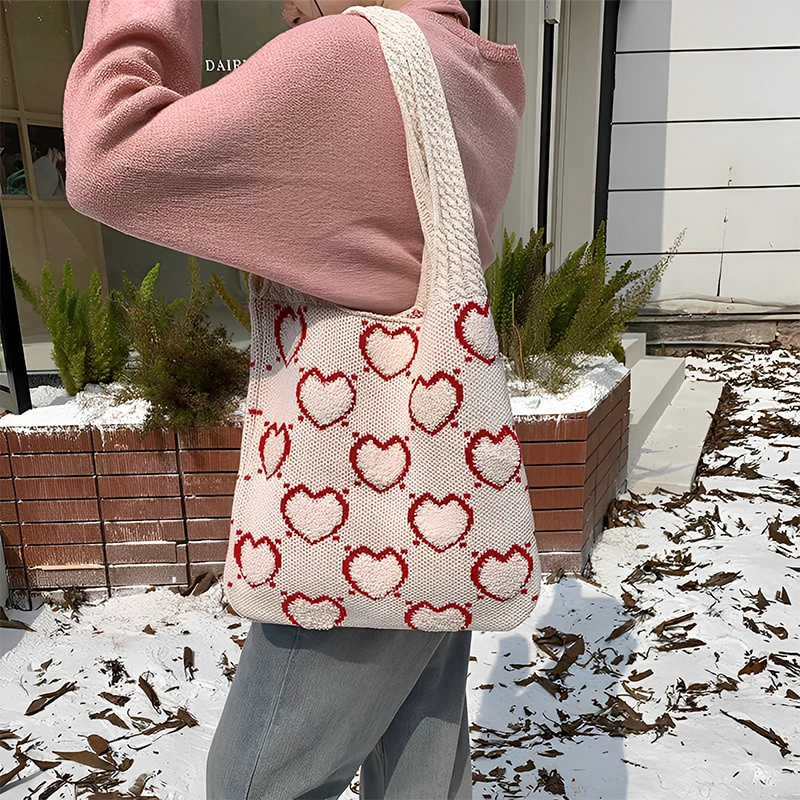 Moda bolsa de malha bolsa de ombro amor bolsa de compras