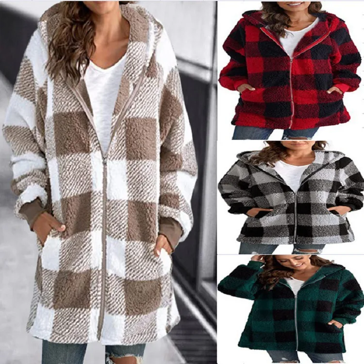 Women's Polar Fleece Long Sleeve Coat Fashion Plaid Casual Loose Pocket Zipper Hooded Coat Office Commuter Street Pullover Coat