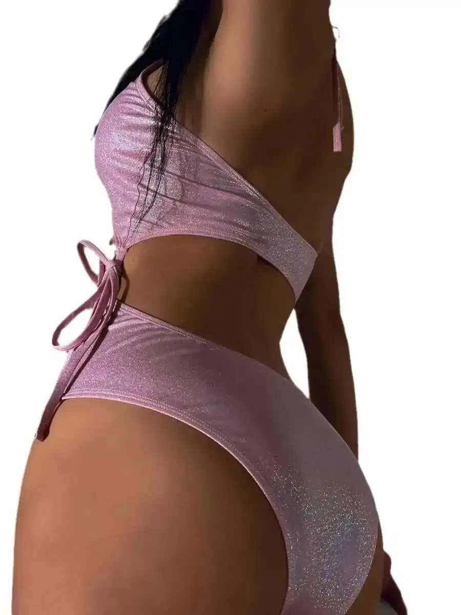 레이스 업이있는 새로운 원피스 수영복 속이 빈 드로우 스트링 바인딩 서스펜더 민소매 비키니 핑크 샤인 매력적인 우아한 JQNO