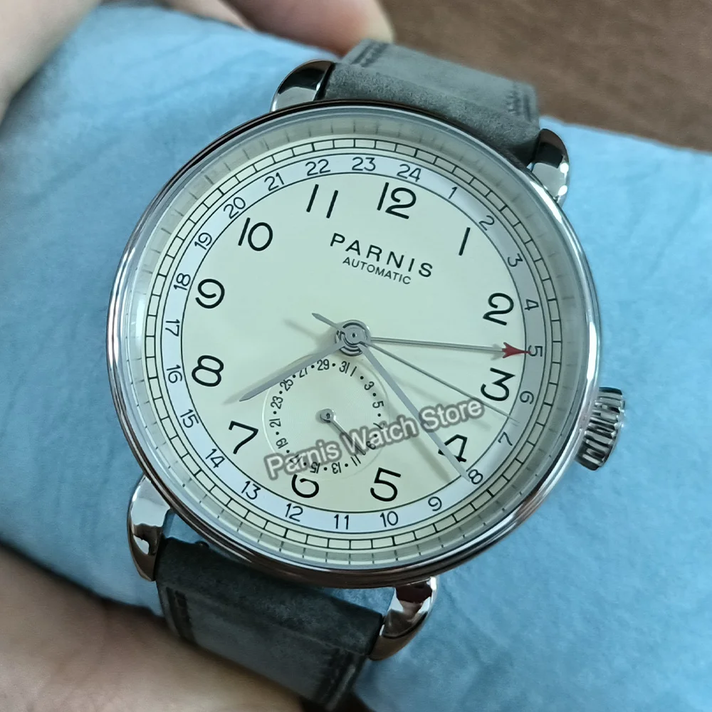 Parnis 42 mm GMT Caja plateada Marca árabe Ventana con fecha Correa de cuero Reloj mecánico automático para hombre