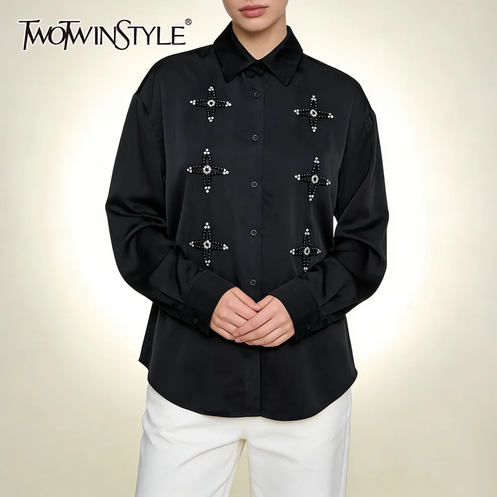 

TWOTWINSTYLE Solid Spliced Beads Basics Shirt Female Lapel Long Sleeve Loose Vintage Casual Women's Shirts Autumn Fashion New