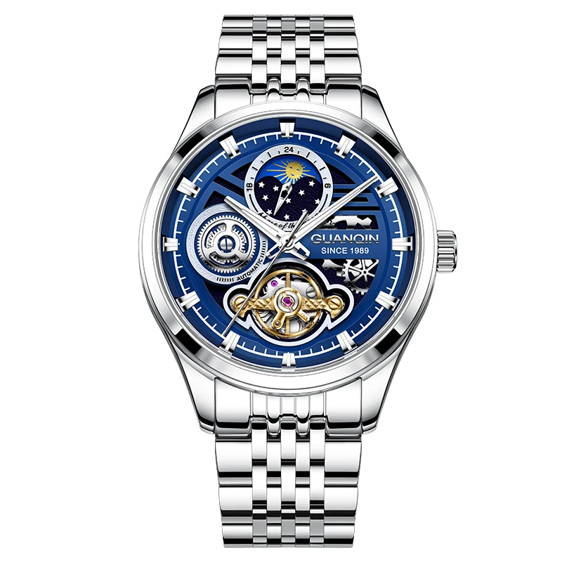 GUANQIN Men's Watches Trend Fashion Hollow Out Flywheel Movement Original Automatic Mechanical Wristwatch Waterproof Moon Phase