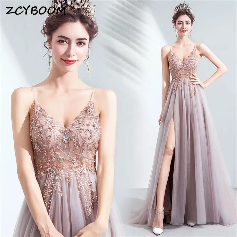Elegant V-neck Spaghetti Strap 2025 Appliques Tulle High Slit Crystal Formal Evening Dresses for Women Party Dresses Prom Dress