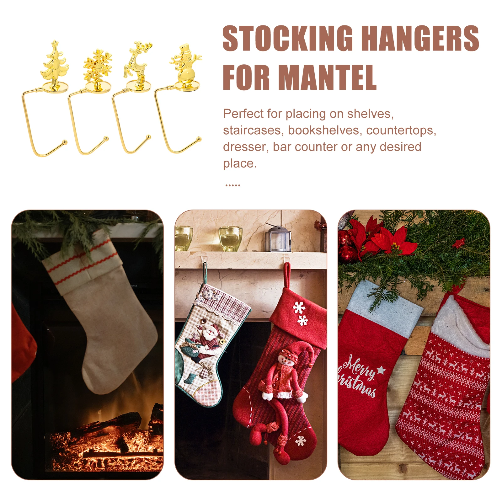 

4pcs Christmas Stocking Hooks Fireplace Mantel Hangers Metal Xmas Decoration Gift Holder Wall Hanging Organizer Reusable