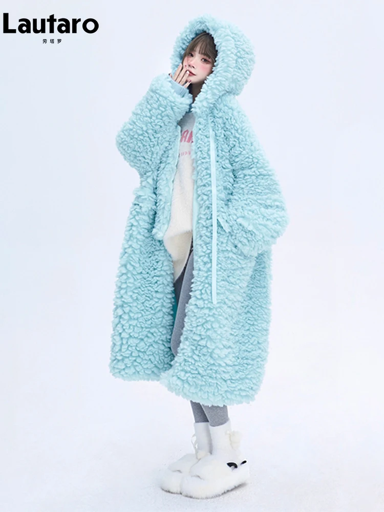 Lautaro Winter Long Oversized Casual Thick Warm Blue Thick Warm Fuzzy Fluffy Faux Fur Coat Women with Hood Zipper Fashion 2023