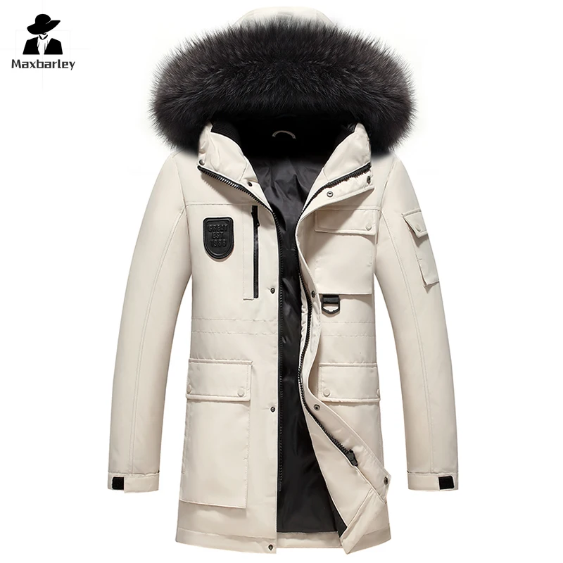 

90% White Duck Down Coat Male Winter Casual Thick Warm Fur Collar Down Jacket Men's Outdoor Tooling Multi-pocket Long Ski Parka