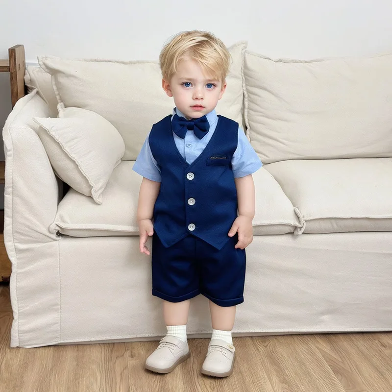 

Children's Clothing Short-sleeved Shorts Vest Three-piece Children's Clothing Baby Summer British Suit Boys Suit