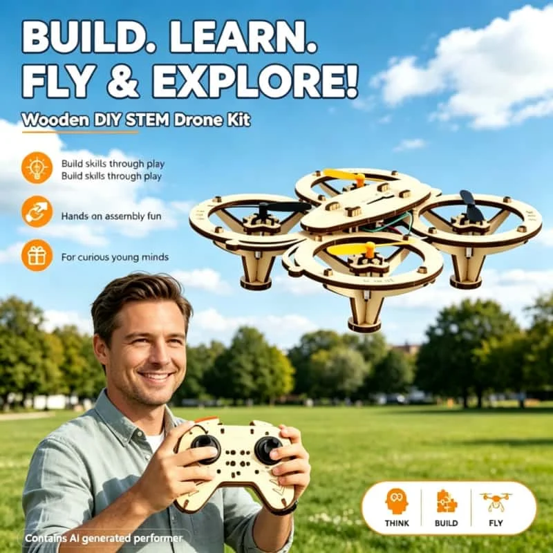 DIY Wooden Flying Toy Remote Control Aircraft DIY Assembly Toy Wooden Model Kit Quadcopters Outdoor Holiday Birthday Gifts