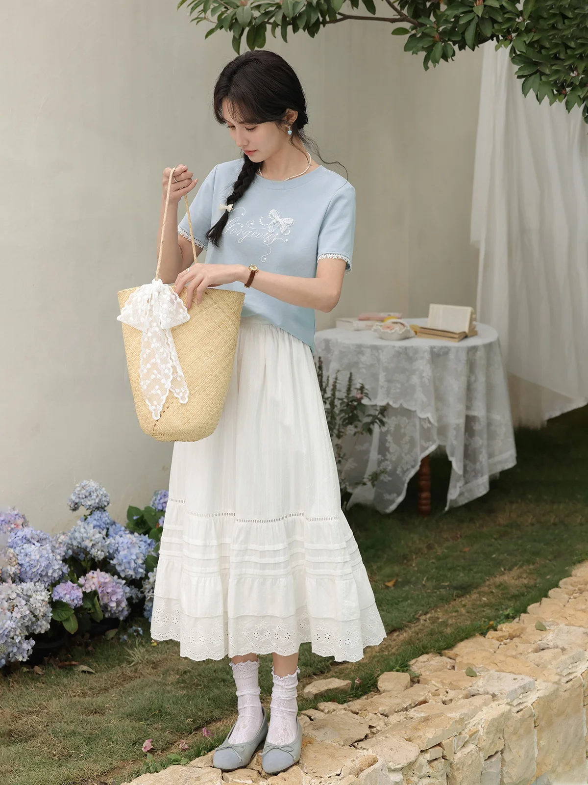 

Ladies White Cake A-Line Skirt High Waist Baking Leisure Sle Innerlined f-length Skirt for Early Autumn
