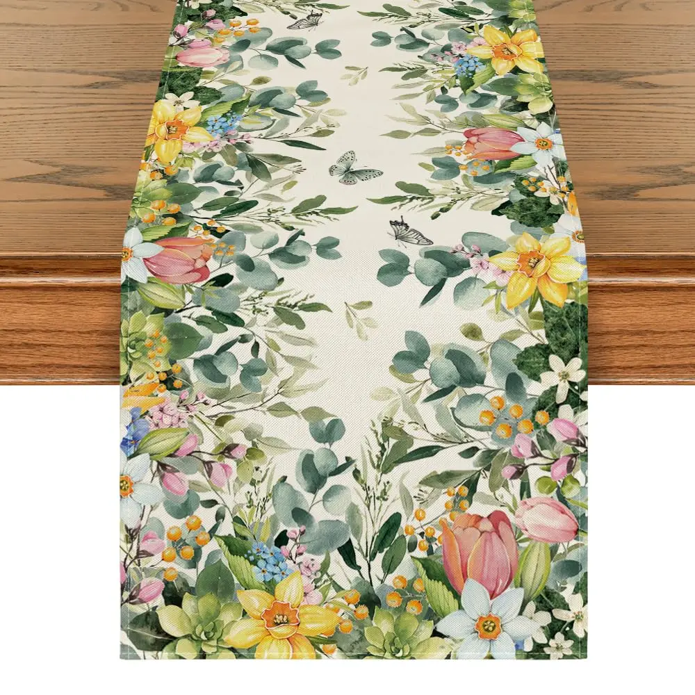 

Bloom Flowers Eucalyptus Spring Table Runner, Seasonal Summer Kitchen Dining Table Decoration for Home Party Decor