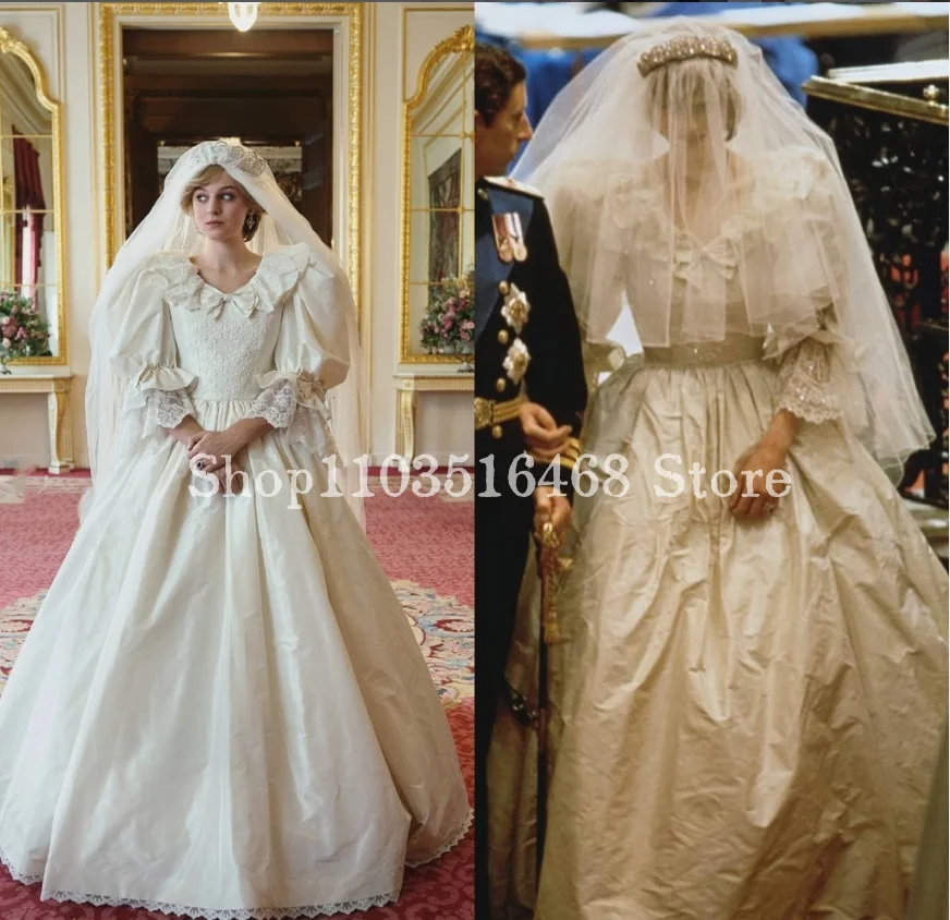 Vintage Victoriaanse Trouwjurk Ivoor Romantische Bubble Mouw Prinses Diana Bruiloft Kanten Poncho Robe Mariee Princesse