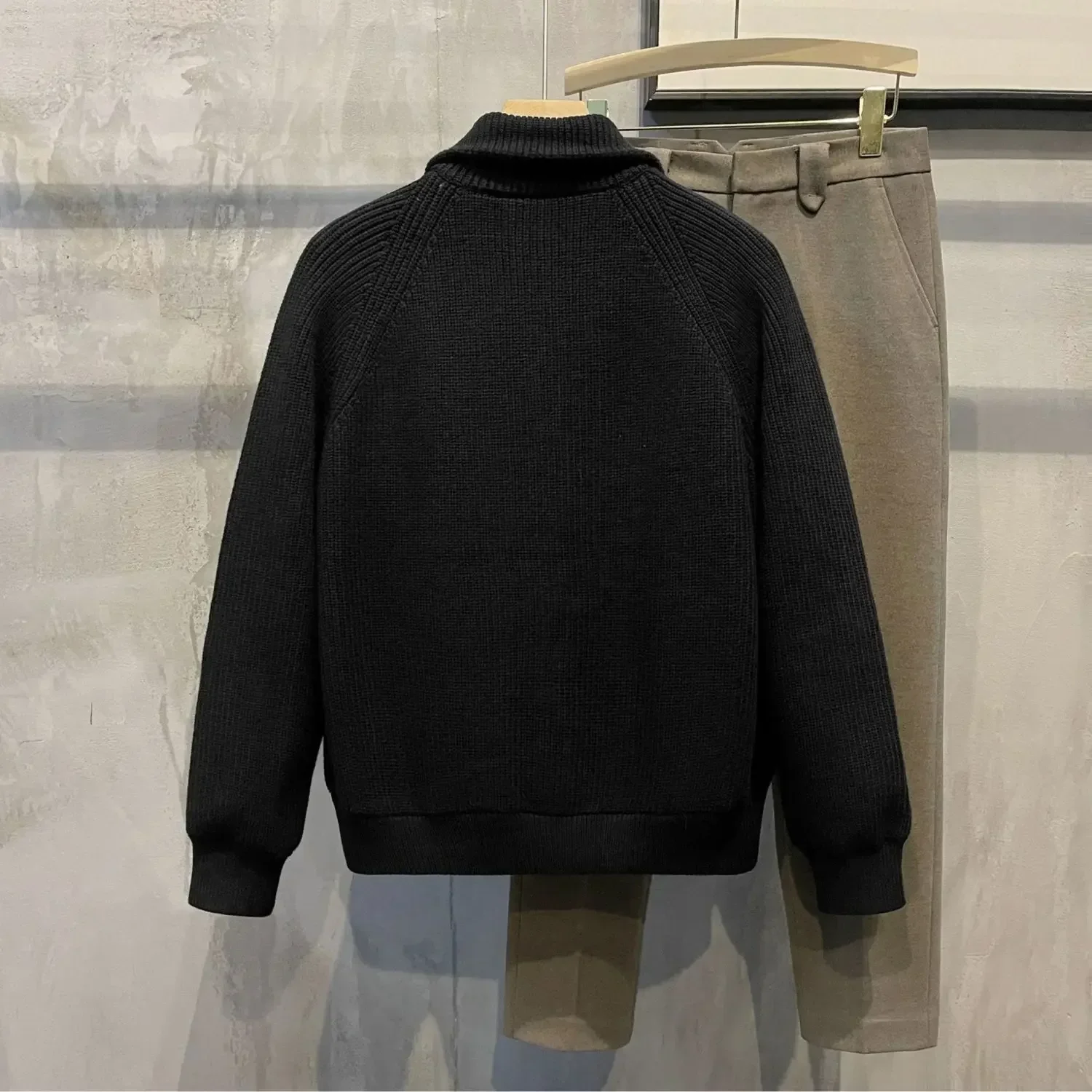 Men\'s Clothing Zip-up Jacket Knit Sweater Male Zipper Plain Green Solid Color Cardigan with Pockets Coat 2025 Trend Loose Fit V