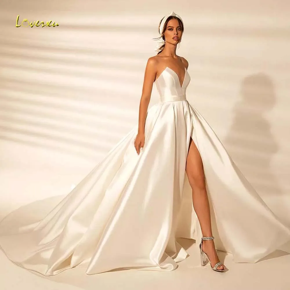Loverxu A-Line Mondern Wedding Dresses Strapless Sleeveless Split Vestido De Novia Vintage Matte Satin Custom Made Bridal Gown